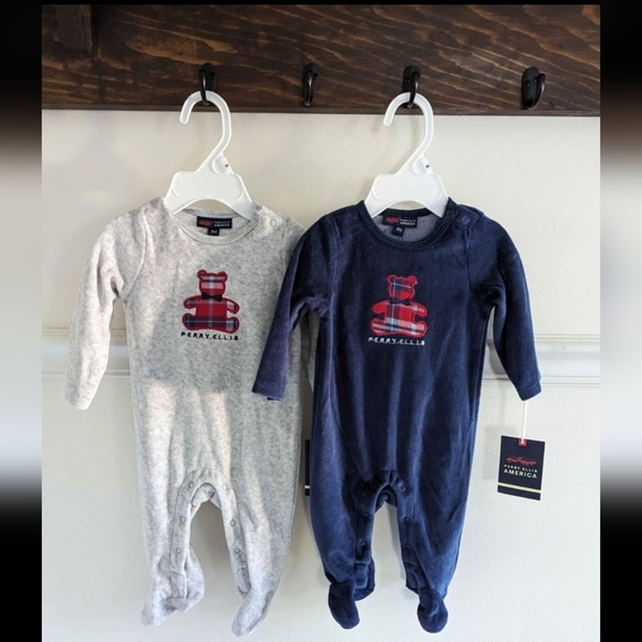 NWT 6M Perry Ellis Soft footie Pajamas set blue and gray - Picture 2 of 8